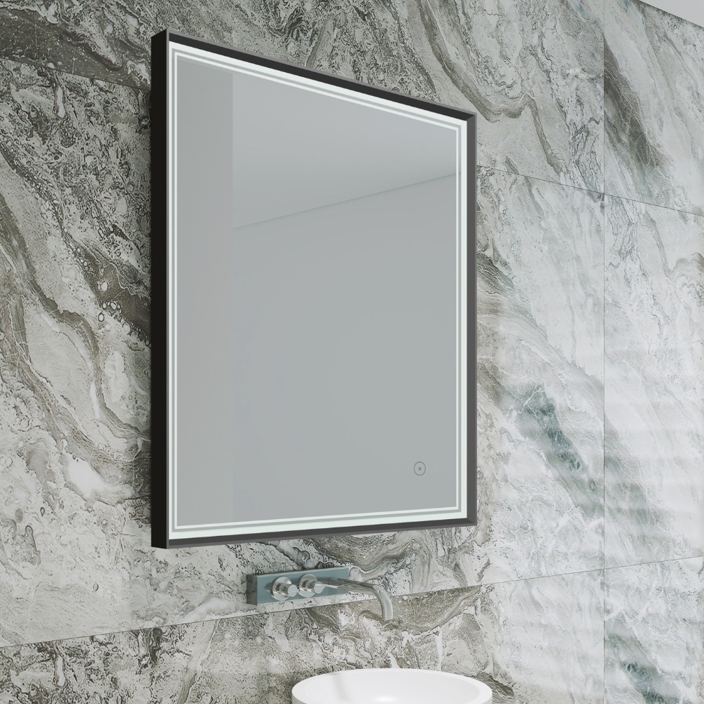 Lifestyle image of the Origins Living Astoria 750mm x 900mm Black Mirror hanging on a marbled wall B008363